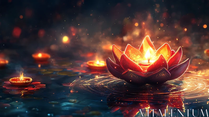 Digital painting of lotus diya cluster on reflective water surface.