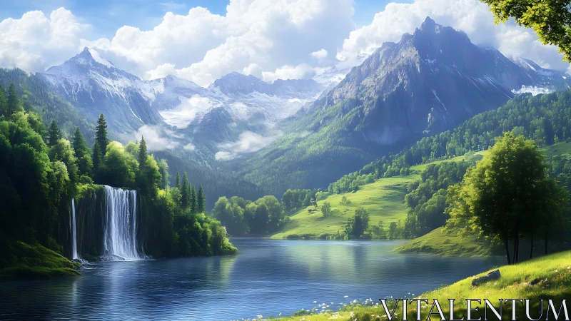 High alpine lake with tiered waterfall and sunlit conifer slopes.