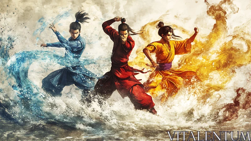 Elemental martial artists commanding water, fire, and earth.