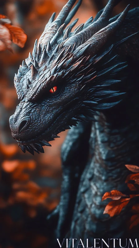 Bioluminescent black dragon portrait with ember-toned foliage