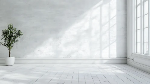 Minimalist white interior with potted plant and strong window light