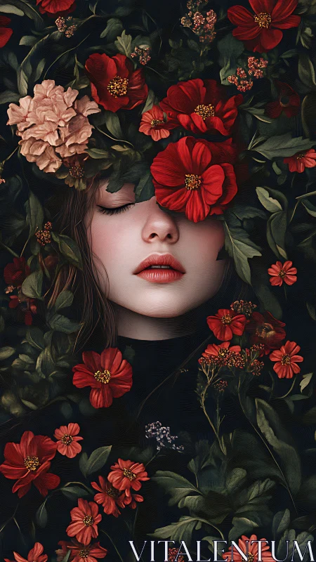 Sleeping woman lies veiled by dense red blossoms