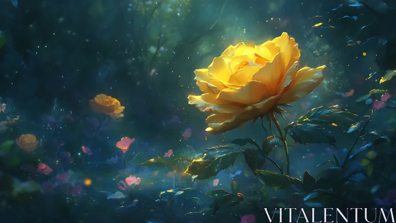 Luminescent Yellow Rose in Ethereal Blue Garden Environment