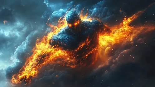 Molten humanoid figure advances through dense storm clouds