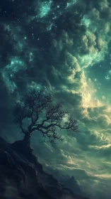 Lonely cliffside tree watching a storm of emerald stars.