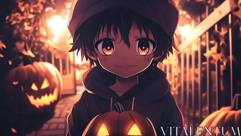 Child holding carved pumpkin stands on dimly lit pathway