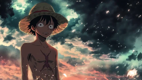 Straw hat youth with chest scar under luminous storm sky.