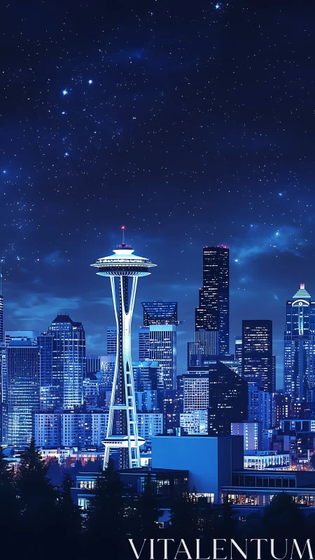 Space Needle rises over neon-lit Seattle skyline at night.