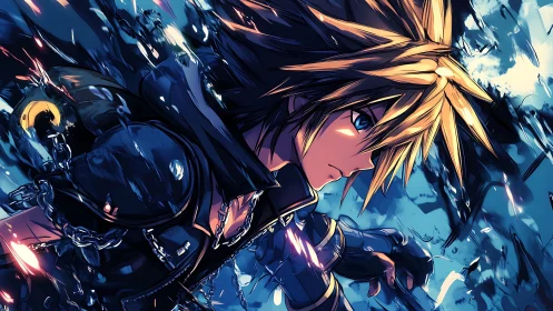 Spiky haired anime warrior breaking chains in motion storm.