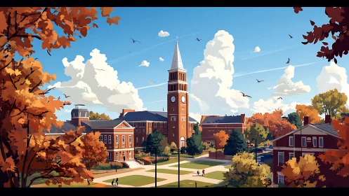 Autumn campus clock tower under crisp blue sky. Period.