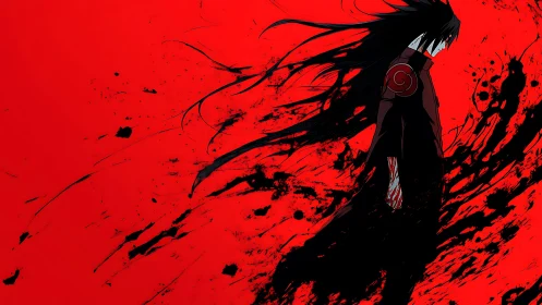 Dark anime warrior stands in a storm of splattered shadows