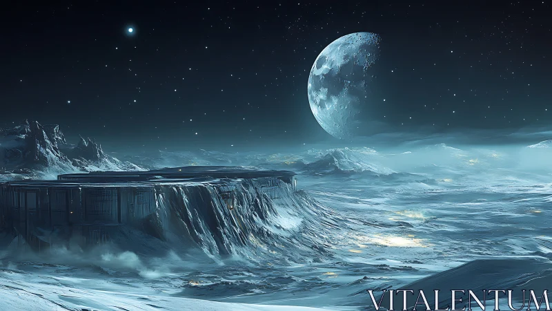 Frozen alien plateau base under looming fractured moon.