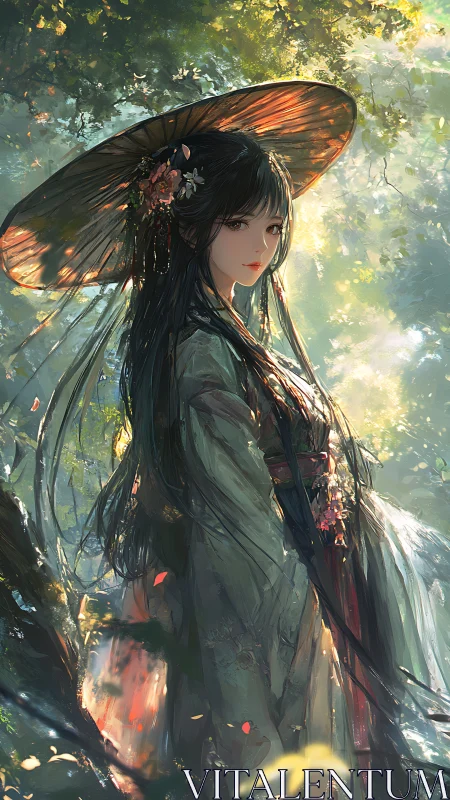 Forest kimono dreamer beneath lantern-dappled leaves.