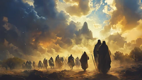 Pilgrims advancing toward a sunlit mountain citadel.