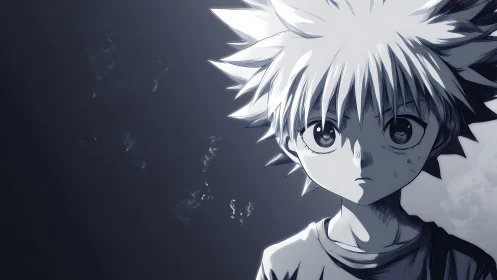 Quiet anime boy under a moody sky, holding brave feelings.