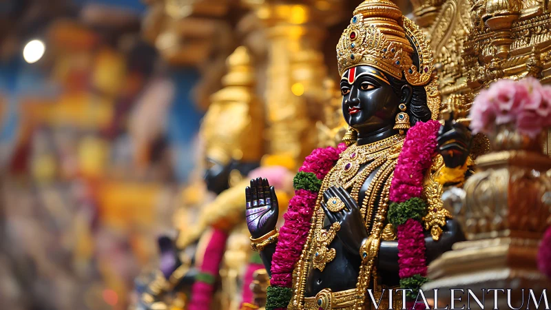 Ornate black stone Hindu deity statue with gold crown and garlands