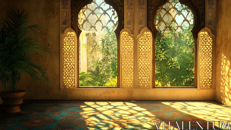 Sunlit arched windows opening onto a tranquil garden retreat.