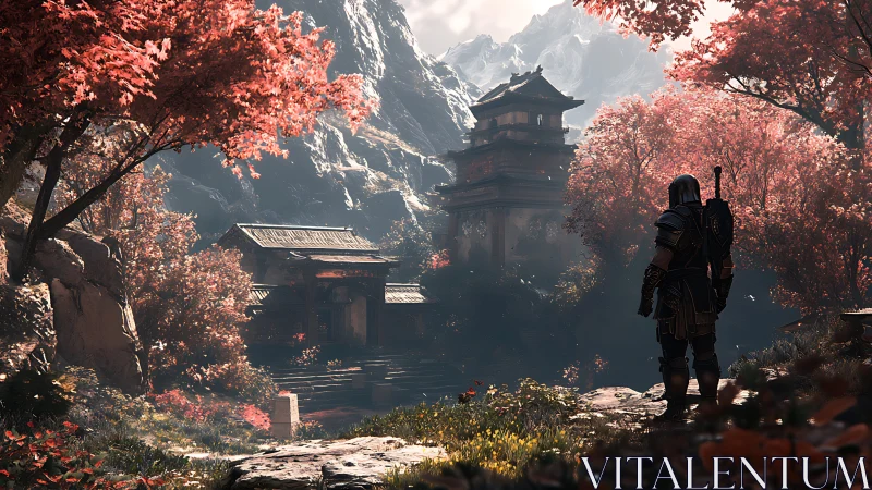 Armored wanderer surveys sunlit temple in crimson valley