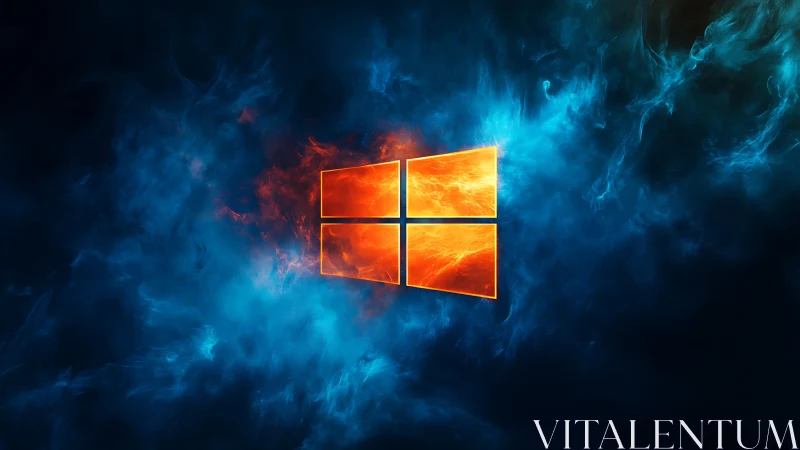 Windows Logo Digital Composite with Volumetric Fire and Cyan Nebula Effects
