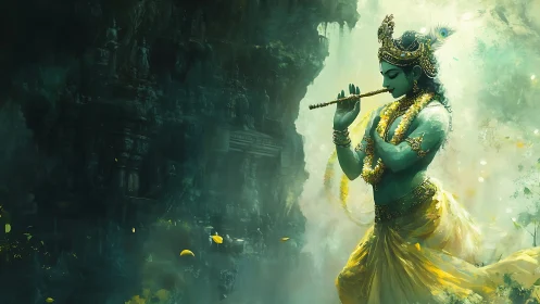 Blue-skinned deity playing flute before misty rock temple.