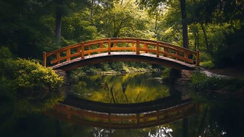 Sunlit wooden bridge arches quietly over a reflective forest stream