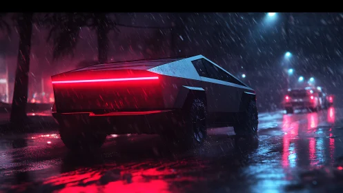 Futuristic pickup truck on wet city street at night in rain.