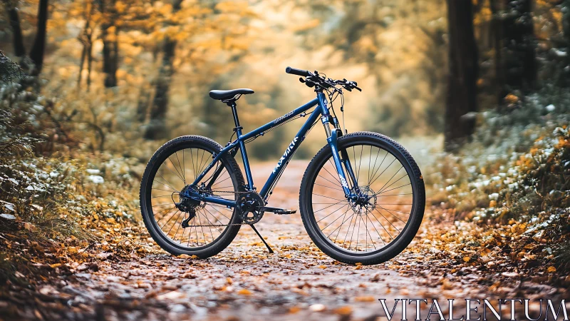 Blue hybrid bicycle poised on autumn leaf-covered trail.