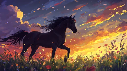 Black stallion runs through blazing floral sunset field.