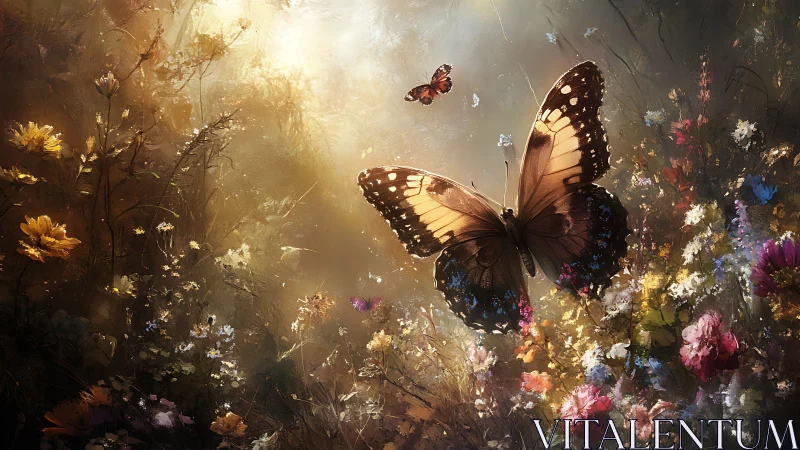 Large butterfly over wildflower meadow in warm sunlight.