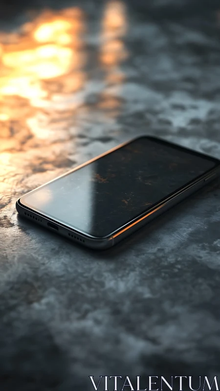 Digital device glows against weathered stone in golden hour bliss