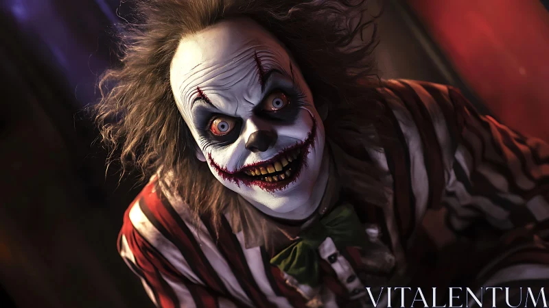 Clown figure with exaggerated makeup leans toward camera