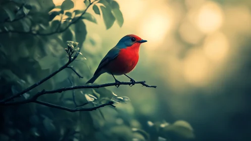 Vibrant red bird perched on branch in dreamy bokeh forest setting.