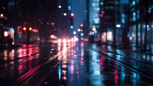 Rainy city street shows tram tracks, reflections, and bokeh lights