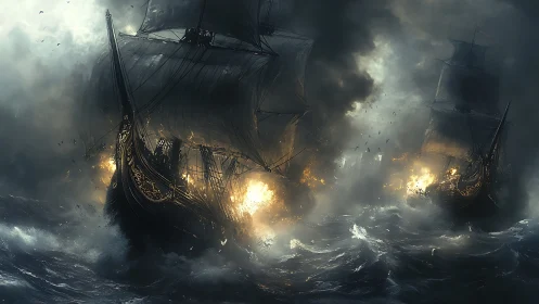 Naval broadside inferno with storm-tossed galleons in combat.