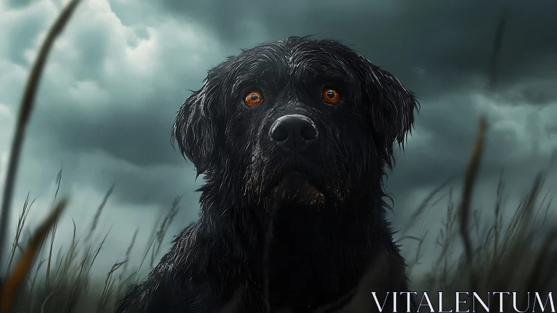 Wet black dog under stormy sky in tall field grass.