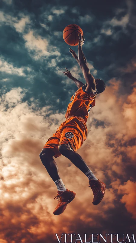 Basketball player jumps high for layup against stormy sky.