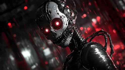 Chromed skull android in red-lit industrial rain environment.