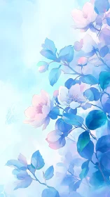 Soft pastel magnolia blooms in luminous sky gradient.