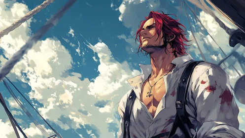 Scarred red-haired sailor gazes skyward on sunlit deck.