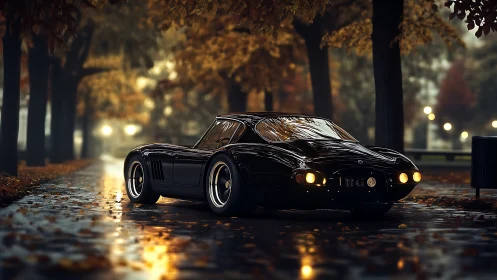 Midnight coupe gliding through rain-soaked autumn hush.