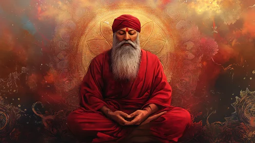 Elderly man meditating in red robes before ornate mandala.