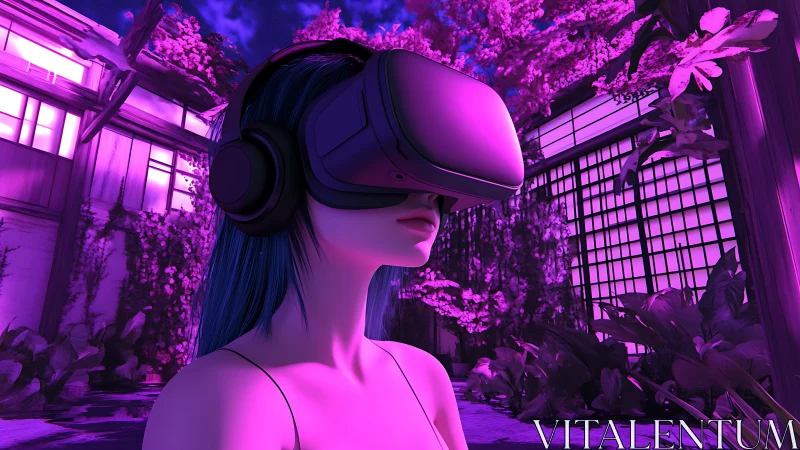 Neon VR immersion in synthetic zen courtyard environment.