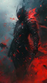 Armored humanoid figure stands in red and gray atmospheric field