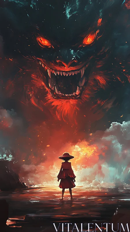 Fiery sky monster meets a lone, brave wanderer at twilight