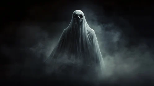 Ghostly hooded specter emerges from dense swirling mist.