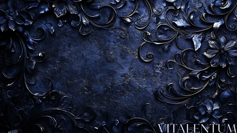 Dark blue floral border over textured stone background.
