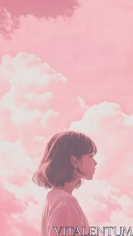 Soft daydream moment as a quiet girl gazes at pink clouds