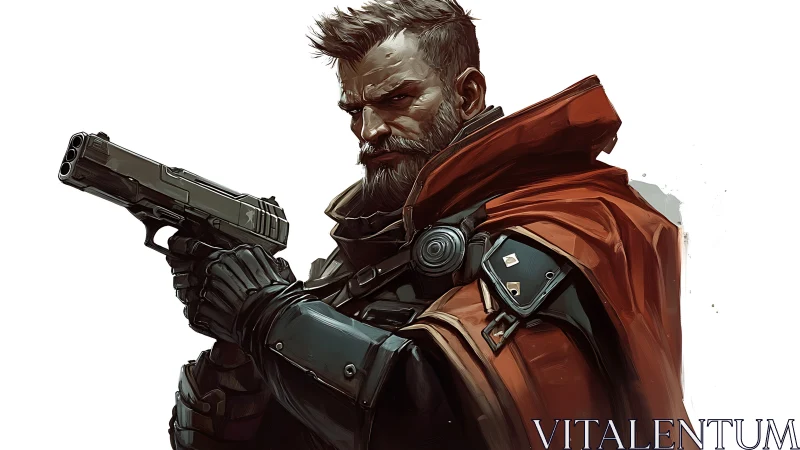 Tactical gunslinger in armored cloak with precision sidearm.