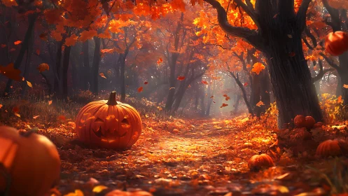 Enchanted Halloween Trail Through Glowing Autumn Woods.