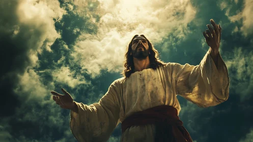 Bearded robed man raises open hands under dramatic sky.